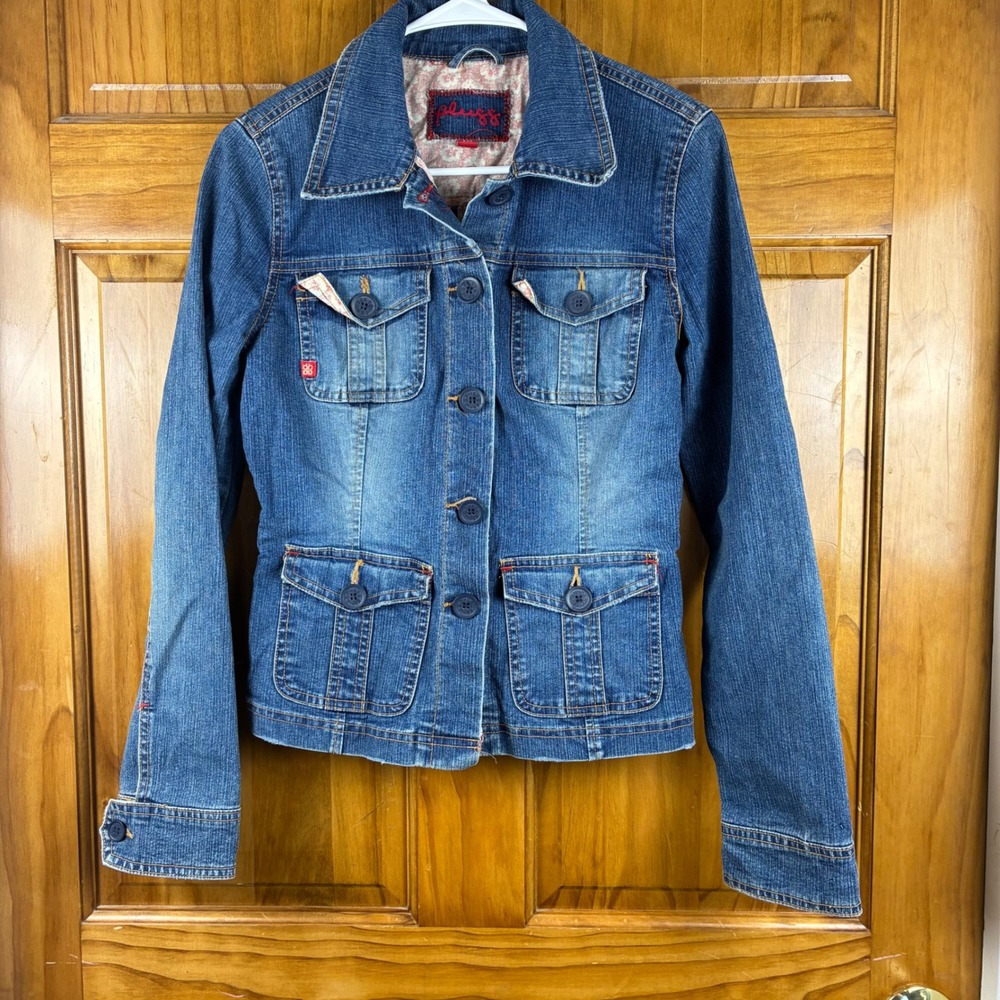 Plugg Denim Utility Jacket Womens M Floral 4-Pocket Y2K Indie Sleaze Boho Safari